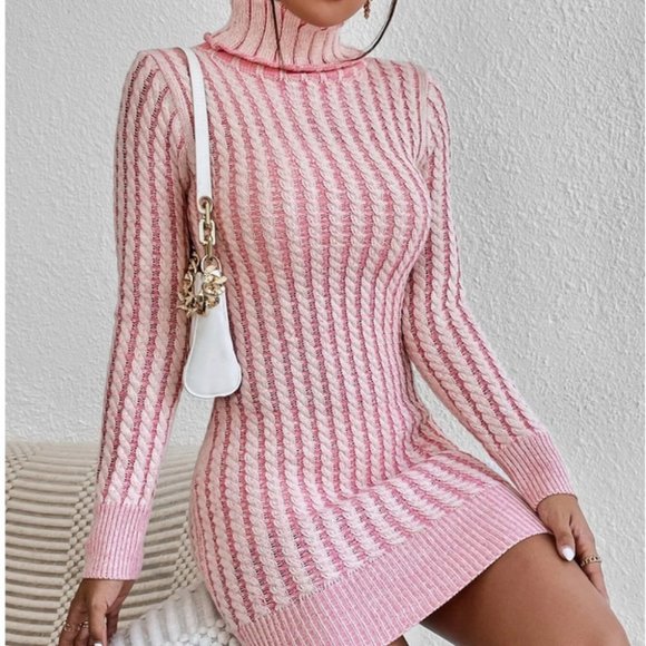 . Dresses & Skirts - long sleeved Turtleneck Sweater Cable Knit Dress Pink